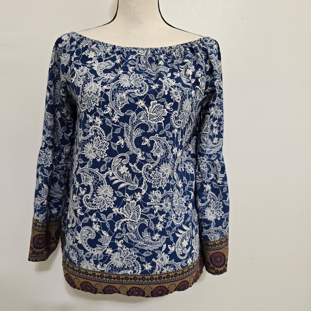 size Small Off the Shoulder Paisley Bell‎ Sleeve Western Boho Blouse Blue TINLEY